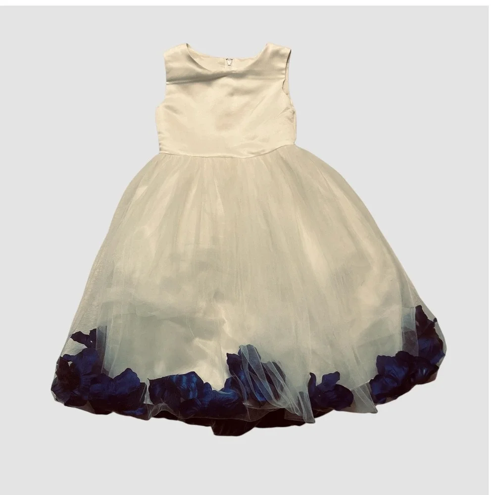 Girls White Satin Tulle Dress SZ 4 Blue Petals Sleeveless Zip Flower Girl Party - Picture 1 of 11